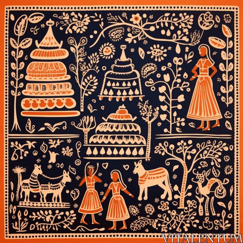 Embroidery Art: Vibrant Village Scenes on Orange and Blue Background AI Image