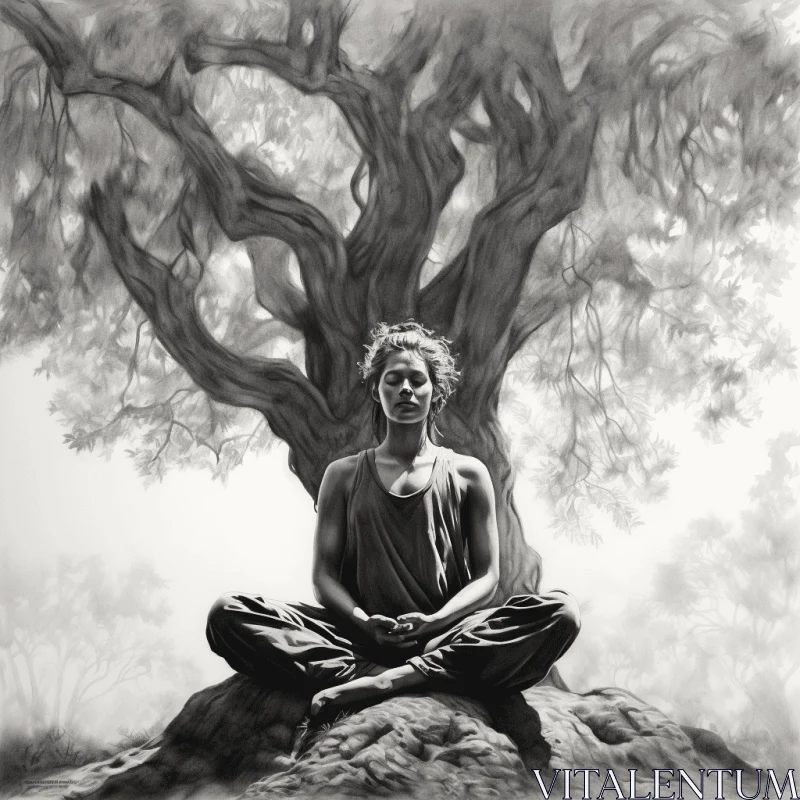 Black and White Drawing of Elderly Person Meditating on a Tree AI Image