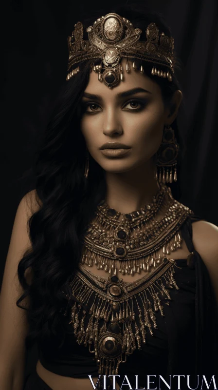 Captivating Ancient Egyptian Costume with Jewelry on Black Background AI Image