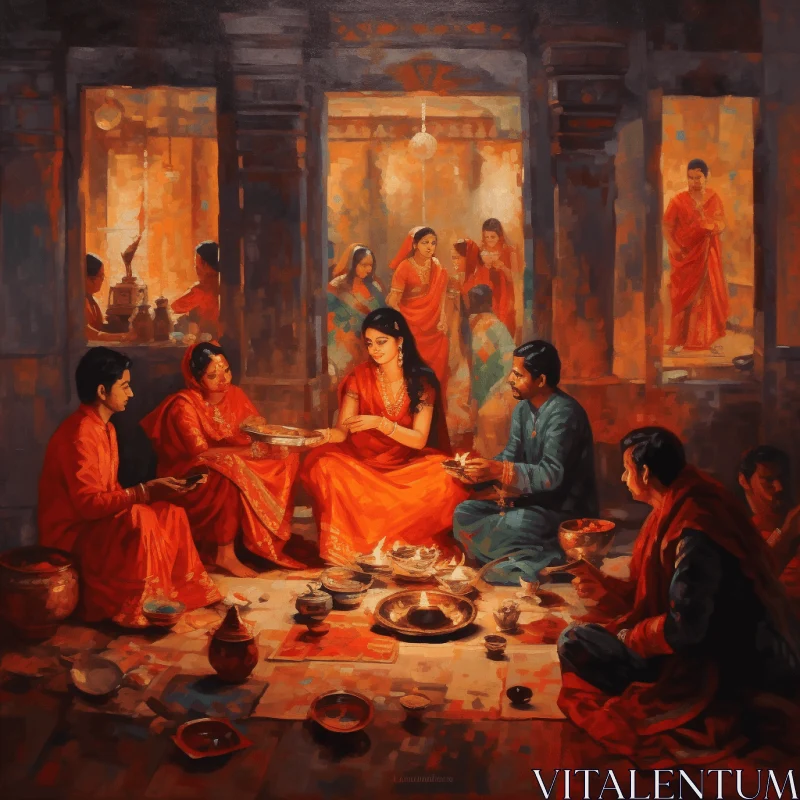 Captivating Painting of People with Lamps in Dark Orange and Dark Maroon AI Image