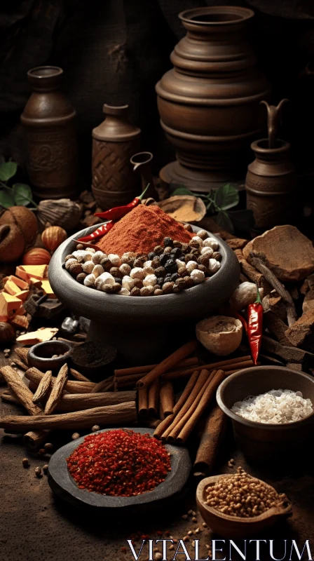 AI ART Captivating Still Life Image: Spices and Beans in a Brown Bowl on Wooden Surface