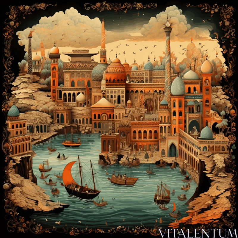 Intricate City Illustration with Boats | Islamic Art and Architecture AI Image