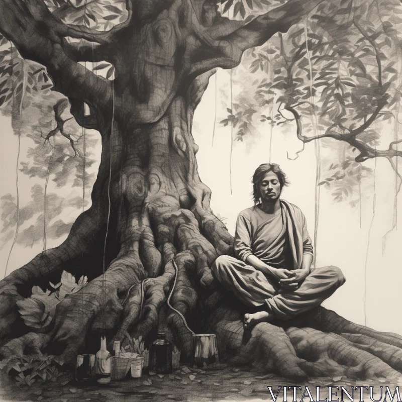 Realistic Painting of a Man Sitting Under a Tree with a Flower AI Image