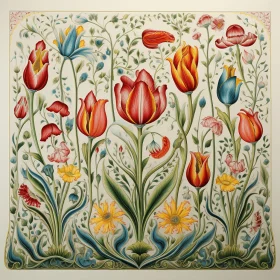 Exquisite Watercolor Panel of Tulips in a Floral Pattern | Danish Design
