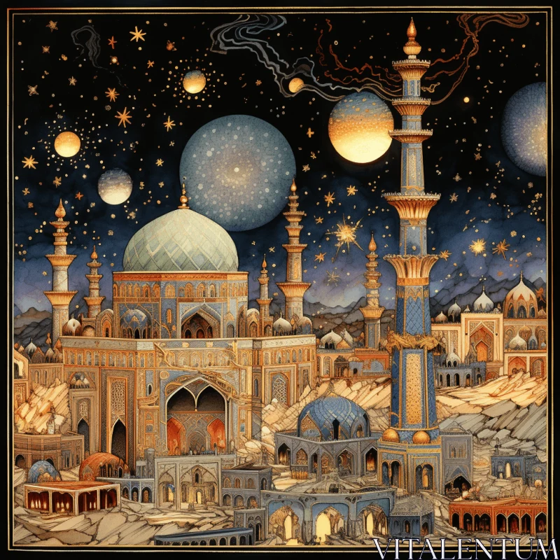 Moon and Islamic Architecture: A Symbolic and Highly Detailed Painting AI Image