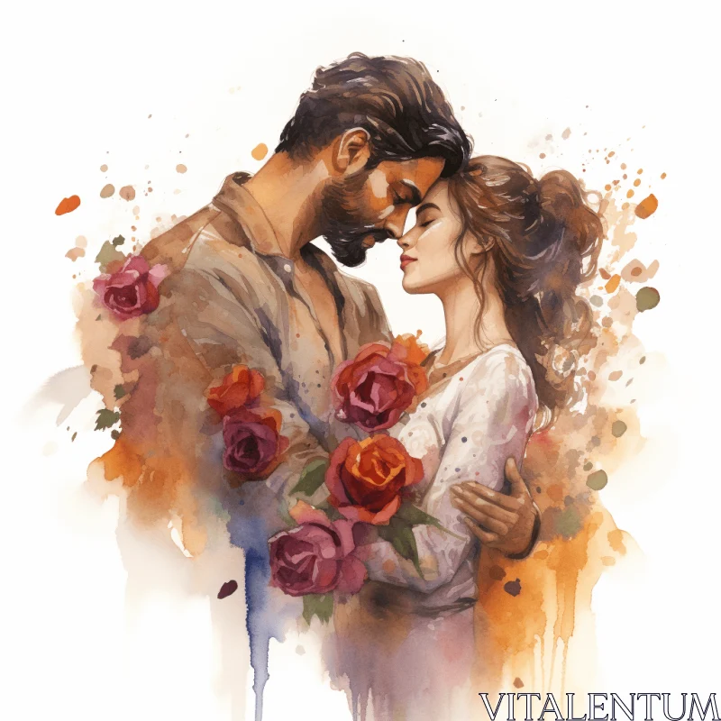 Romantic Speedpainting: Embracing Couple with Roses | Watercolor Illustrations AI Image