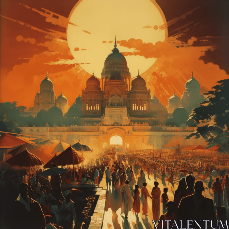 Captivating City Poster with Indian Motifs and Detailed Crowd Scenes AI Image