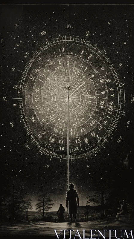 Enchanting Black and White Clock Drawing with Starry Sky AI Image