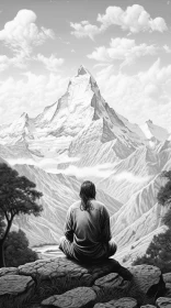 Meditating Man in the Mountains - Serene Realistic Artwork