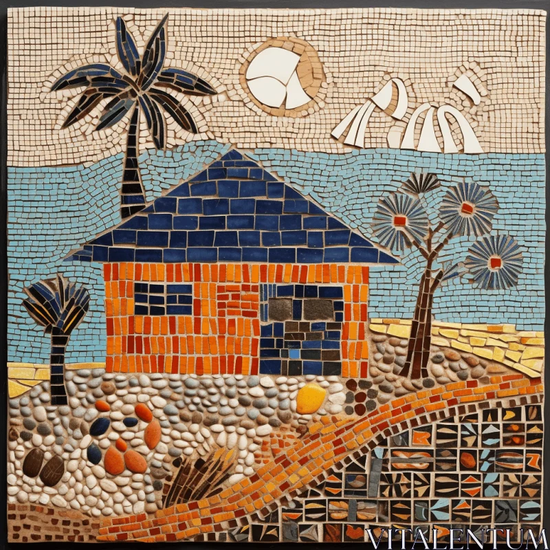 Captivating Mosaic Tile Artwork - 'House on the Beach' by Naomi Olmi AI Image