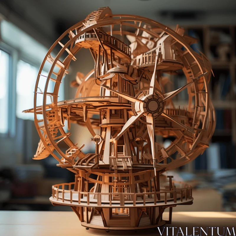 Intricate 3D Printed Wooden Sculpture with Ship Sails AI Image