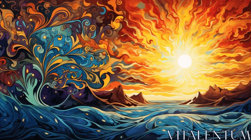 Captivating Painting of Vibrant Waves and a Majestic Sunrise AI Image