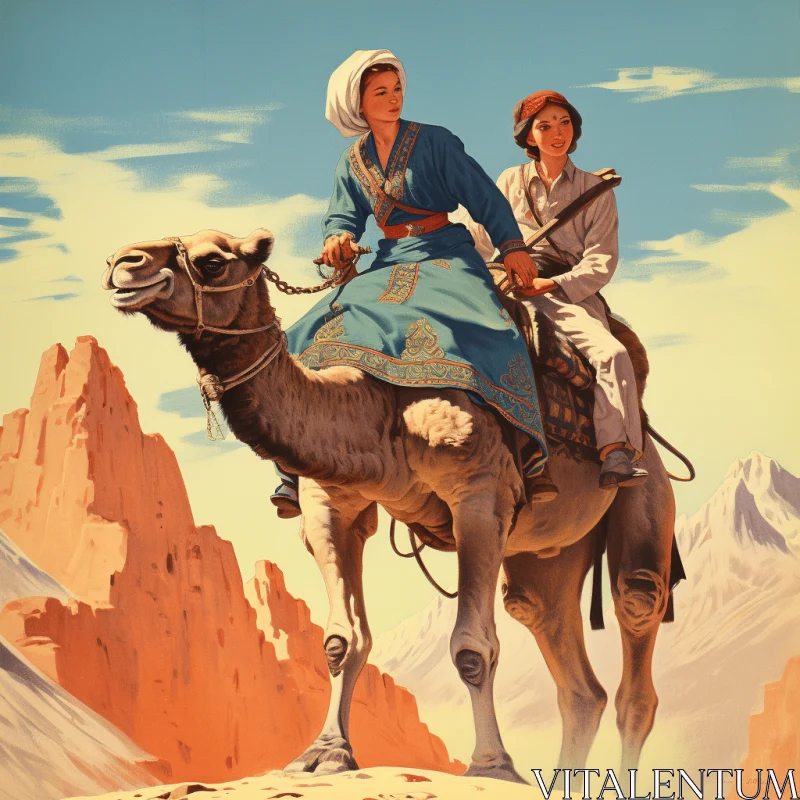 Majestic Camel and Mountain Landscape - Retro-Futuristic Travel Art AI Image