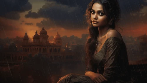 Darkly Romantic Indian Scene: A Rainy Day Near a Temple