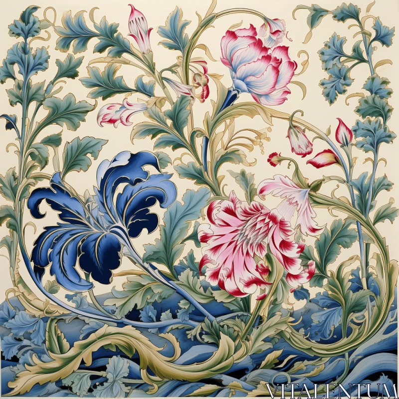 Tile Painting of Flowers: Blue and Pink with Highly Detailed Foliage AI Image
