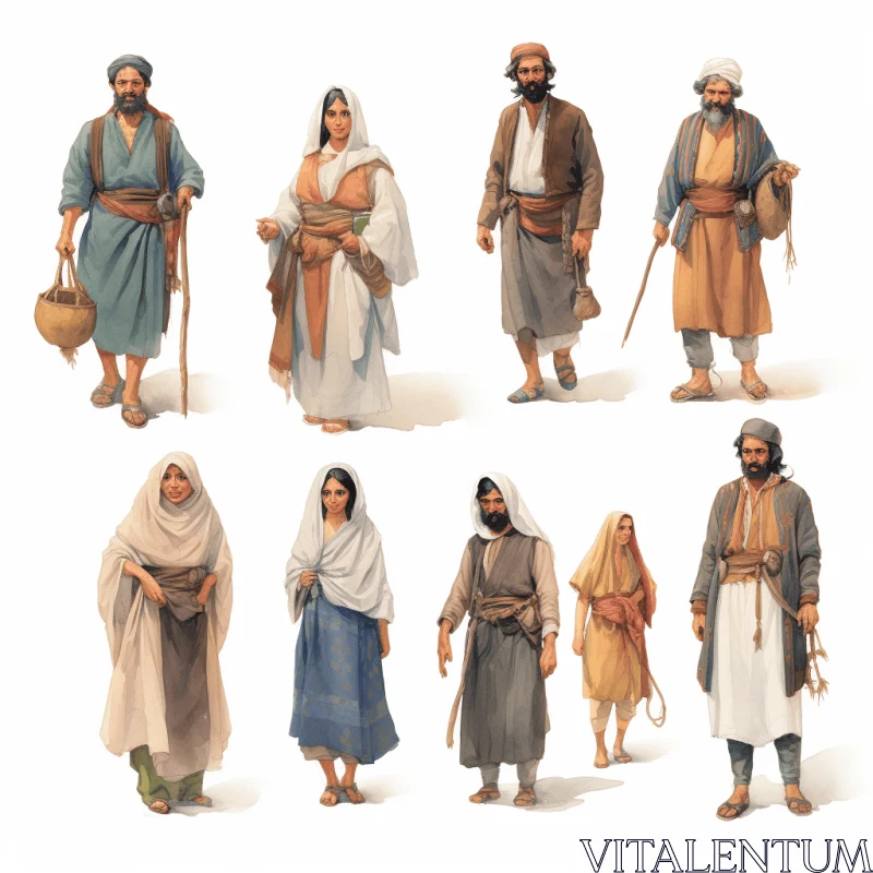 Biblical Themes: Detailed Renderings of People in Various Garments AI Image
