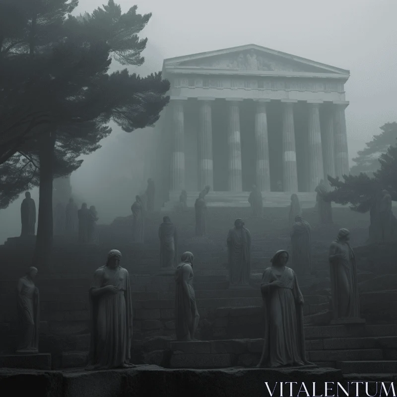 Ethereal Bronze Statues in a Misty World | Classical Architecture AI Image