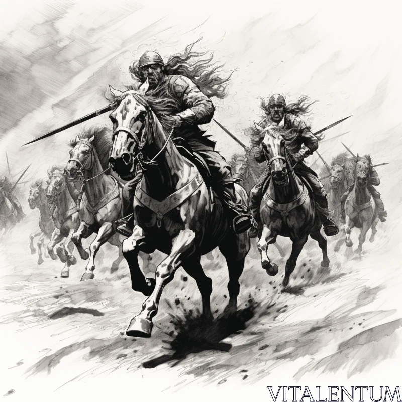 Dynamic Horsemen Running Illustration in Black and White AI Image