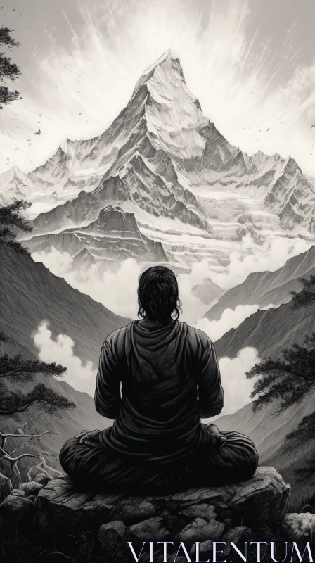 Meditation Amongst Majestic Mountains - Serene Black and White Illustration AI Image