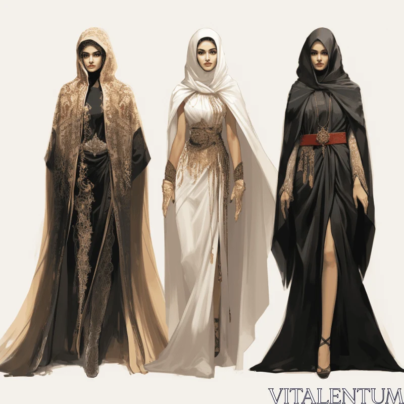 Elegant and Realistic Depiction of Three Women in Long Robes AI Image