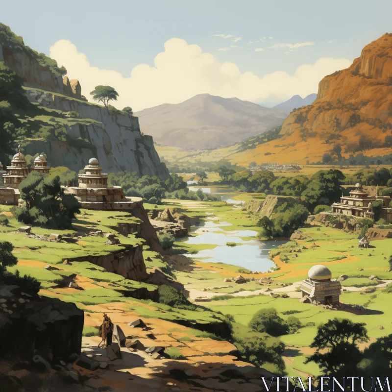 Enchanting Indian Village Illustration | Riverside Landscape Art AI Image