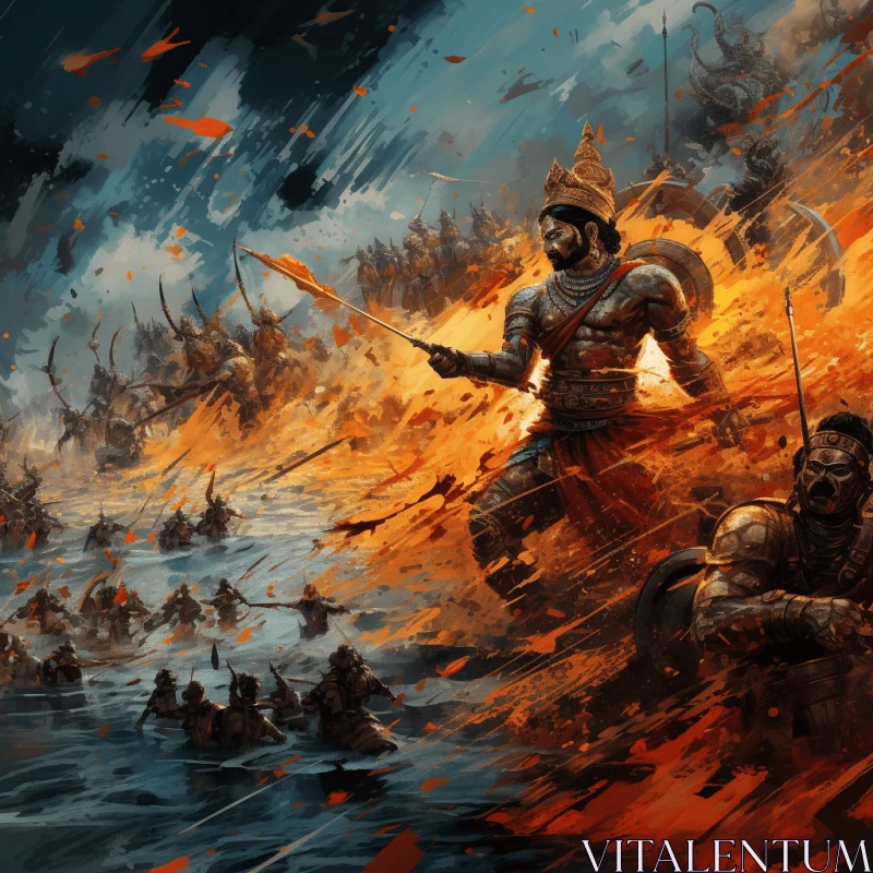 Intense Warriors Battle Painting in Dark Cyan and Orange AI Image