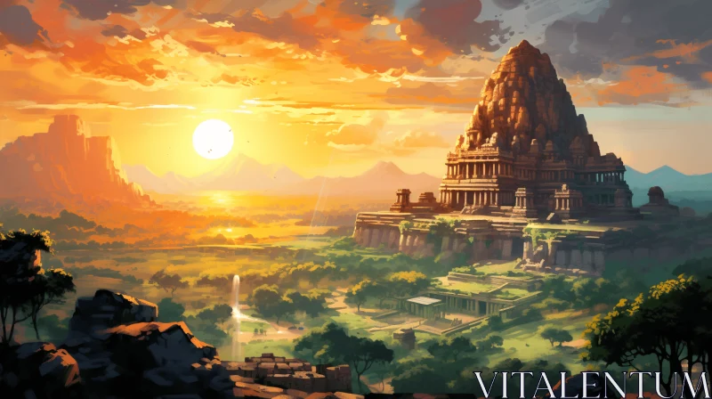 Captivating Landscape Painting: Ancient Temple in Sunset Glow AI Image