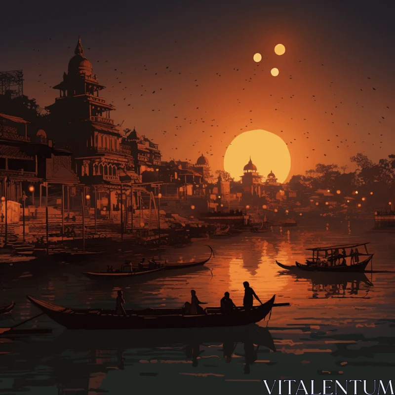 Boats on a River in India: A Nightmarish Illustration AI Image