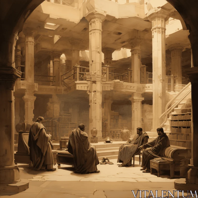 Captivating Scene of Men by a Staircase | Sepia Tone | Religious Building AI Image