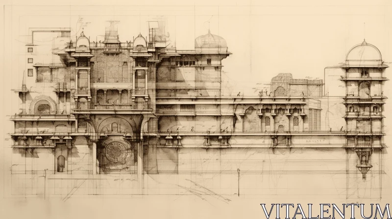 Intricate Sketch of an Ancient Architectural Marvel | Precisionist Art AI Image