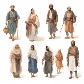Biblical Themes: Detailed Renderings of People in Various Garments