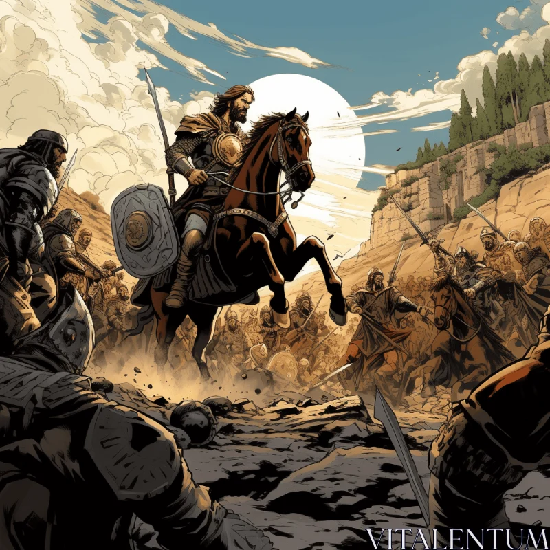 Epic Battle of Knights on Horses: Aggressive Digital Illustration AI Image