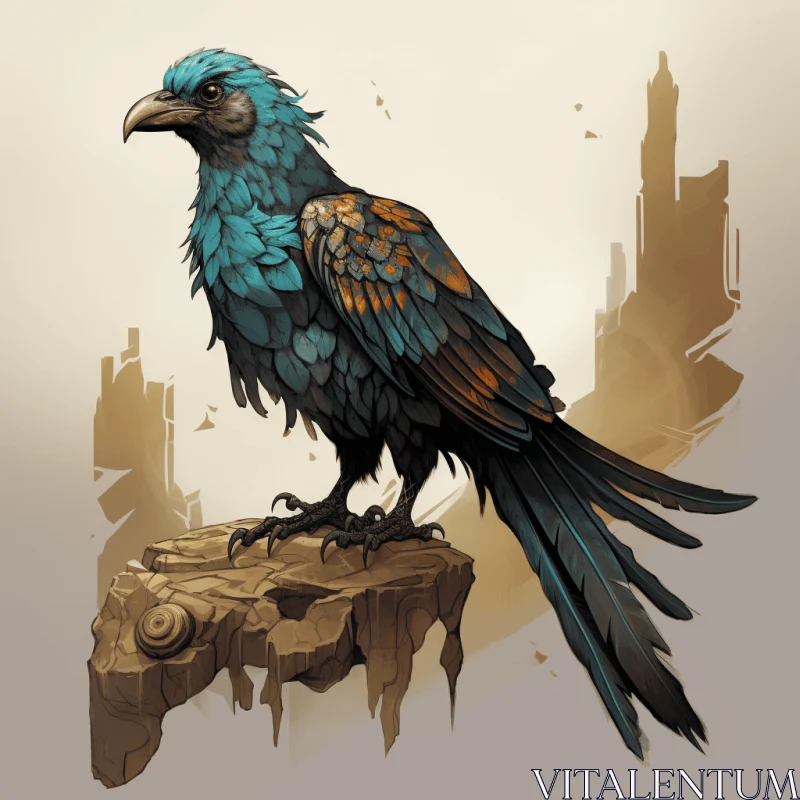 Blue Crow on Rock in City - Concept Art with Dark Cyan and Bronze Palette AI Image