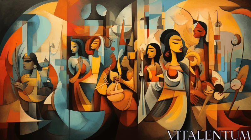 Abstract Painting of Woman and Group in Indian Scenes | Angular Cubism AI Image