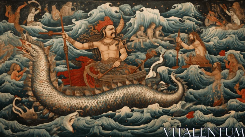 Captivating Painting of God in a Boat with Sea Animals | Asian-Inspired Art AI Image