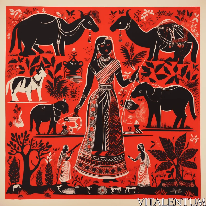 Bold Lithographic Illustration of an Indian Woman and Animals in Rural Life AI Image