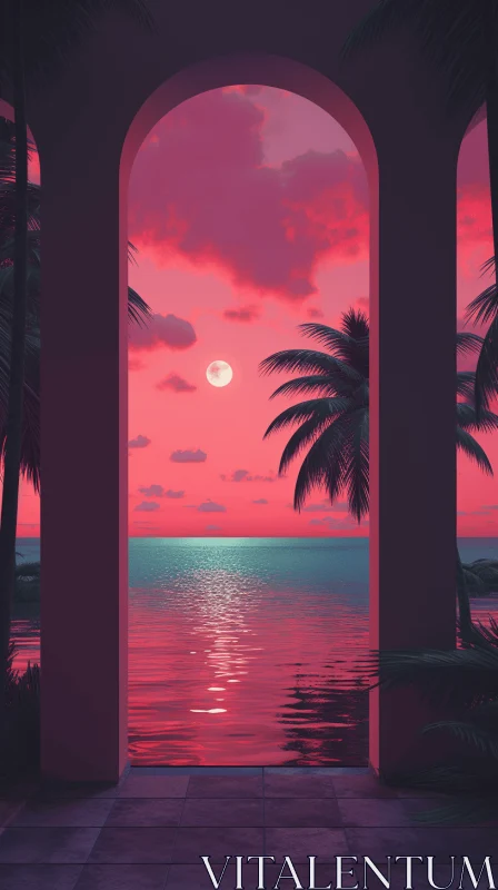 Mesmerizing Pink Sunrise on a Tropical Island | Retro Futuristic Art AI Image