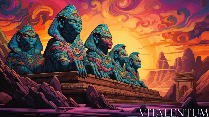 Vibrant Sunset Illustration with Ancient Egyptian Sphinxes AI Image