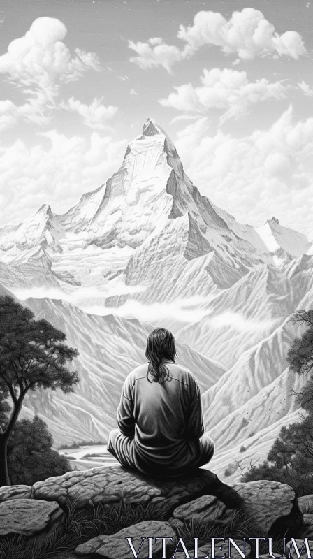 Meditating Man in the Mountains - Serene Realistic Artwork AI Image