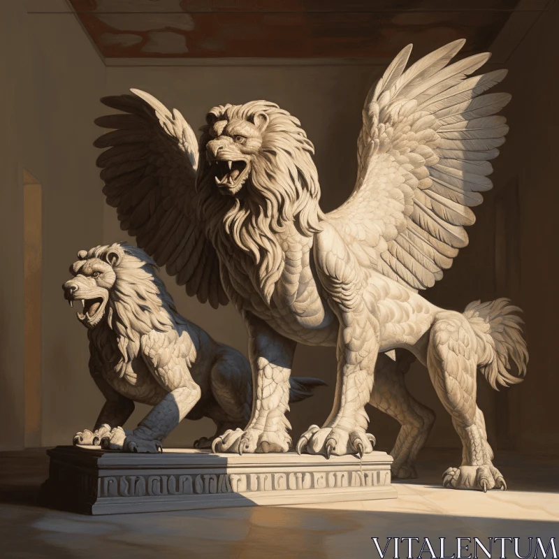 Captivating Digital Painting of Lion Statues with Intricate Architecture AI Image