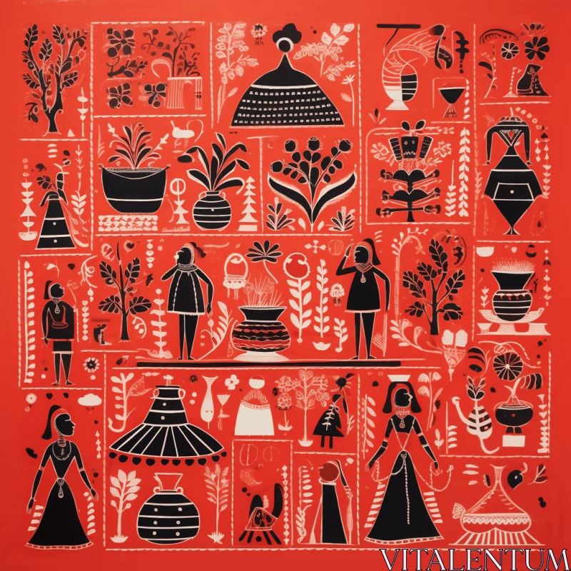 Captivating Folk Art Print: House of a King in Red and Black AI Image