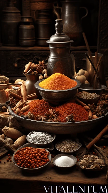 Exquisite Indian Spice Display on Wooden Table | Rich Colors and Intricate Textures AI Image