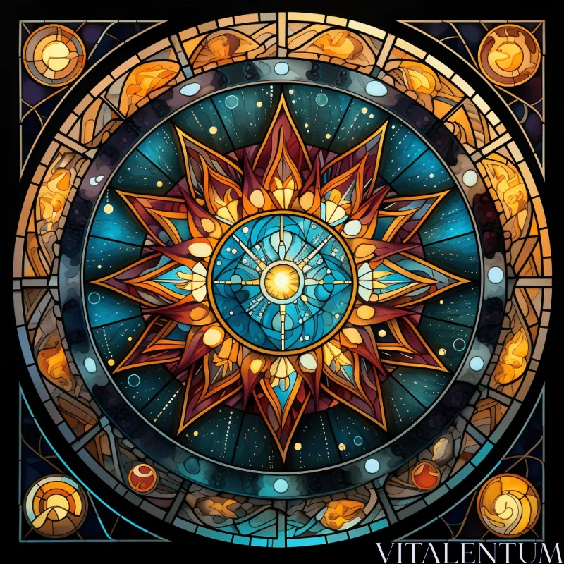Radiant Stained Glass Sun Illustration | Intricate Details | Dark Palette AI Image