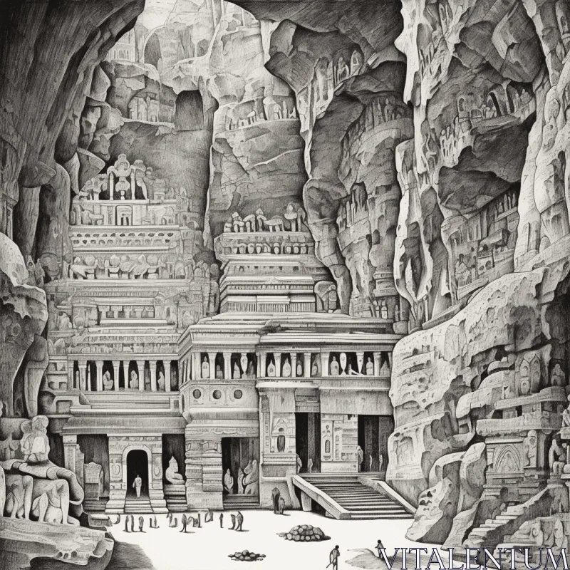 Intricate Black and White Illustration of Ancient Indian Temple in Underground Cave AI Image