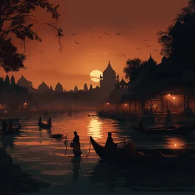 Captivating Sunset Scene with Boats: Darkly Romantic Illustrations