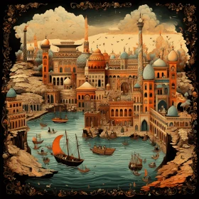 Intricate City Illustration with Boats | Islamic Art and Architecture