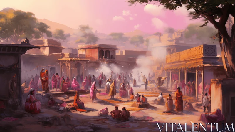 Captivating Market Scene: Indian Traditions in Vibrant Artwork AI Image