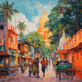 Vibrant Indian Street Scene Painting on Canvas | Art of Burma