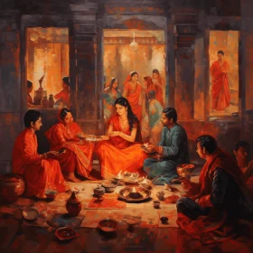 Captivating Painting of People with Lamps in Dark Orange and Dark Maroon