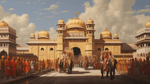 Golden Brick Building with Majestic Elephants | Mughal Art